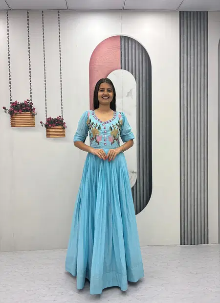 Pc 574 Heavy Embroidery Thread & Hand Mirror Work Gown Wholesale In India